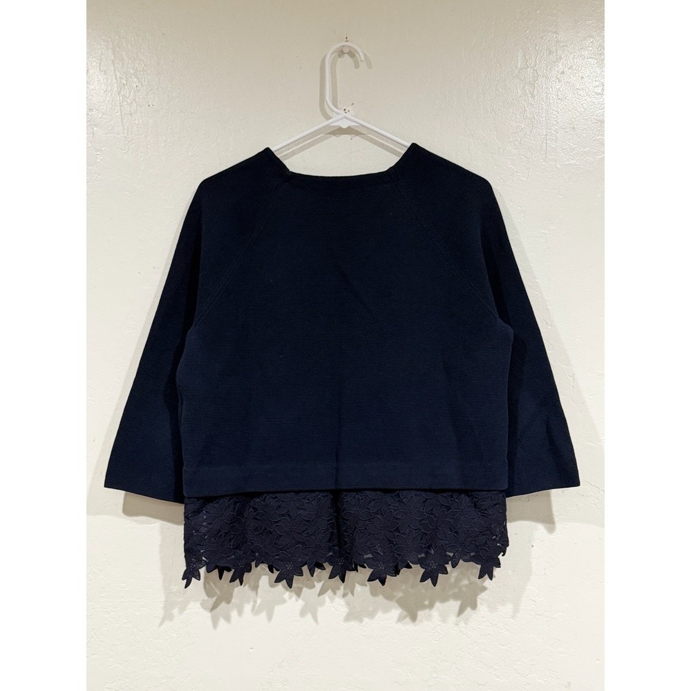J.Crew Navy Blue Cotton Knit Lace Hem Sweater 3/4 Sleeve Boxy Top RN77388 Small - Picture 3 of 6